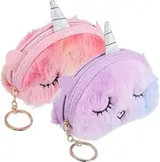 [Kintiva] 2pc Unicorn Tie-Dye Coin Purse, Kids Wallet for Girls, Soft Plush Mini Pouch with Secure Zipper, Vibrant Pink and Purple Design, Lightweight Portable Accessory