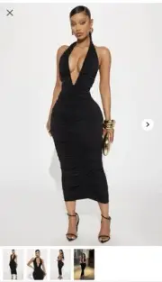 Fashion Nova New Black Stretch Black Dress KEKE RUCHED DEEP V MIDI DRESS