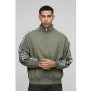 Mens Khaki Regular Fit Satin Panel Ruched Sleeve Nylon Track Jacket