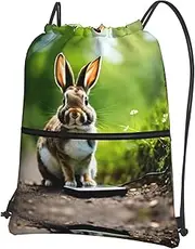 EdWal Bunny Rabbits Print Drawstring Backpack Gym Bags Sports Bags With Zipper Pocket For Travel Beach, Black, One Size