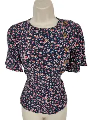 BNWT WOMENS ONLY SIZE EUR 34 UK 6 NAVY DITSY PRINT FLUTTER SLEEVE TEA BLOUSE TOP