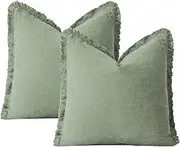Pack of 2 Cotton Linen Throw Pillow Covers - Decorative Farmhouse Boho Cushion Covers With Fringe for Bed Living Room - Plain Square 50x50cm Green
