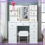 Vanity Dressing Table Desk Set With Dimmable LED Light Mirror Stool 5 Drawers