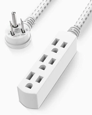 Flat Plug Extension Cord 15 FT 3 Outlet Braided White Extension Cord 16 Gauge...