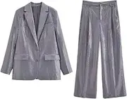 [Zadaos] Women Long Sleeves Lapel Pocket Sequins Decorate Single Breasted Blazers+High Waist Zipper Side Pockets Pant