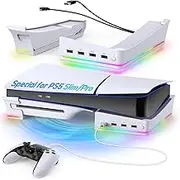 Horizontal Stand with RGB Light for PS5 Slim, Laydown Base Holder for Playstation 5 Slim Disc/Digital Edition with 14 Colorful Light & 4 USB Port, Stable Bracket for PS5 Slim Accessories (White)