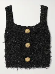 [Balmain] Balmain - Cropped Button-embellished Sequined Metallic Bouclé-tweed Top - Black - FR 36 FR 36 Black