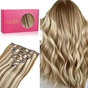 WENNALIFE Clip in Hair Extensions, 45cm 18 Inch 120g 7pcs Ash Brown Highlighted Golden Blonde Hair Extensions Clip in Human Hair Remy Clip in Hair Extensions Real Human Hair Double Weft