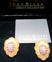JOAN RIVERS Frosted Pink Lucite Crystal Clip Earrings In Original Box!