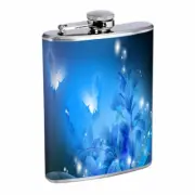 Blue Butterfly Flower Em1 Flask 8oz Stainless Steel Hip Drinking Whiskey