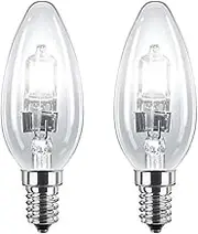 2 Pack 28W SES E14 Clear Candle Light Bulbs, Small Screw, Classic Incandescent Dimmable Lamps, 28W = 37W, 370 Lumen, Mains 240V, Energy Saving Halogen Bulbs