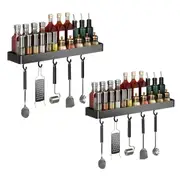SOGA 2X 30cm Black Wall-Mounted Rectangular Kitchen Spice Storage Organiser Space Saving Condiments Shelf Rack with Hooks