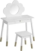 Keezi Kids Vanity Dressing Table Stool Set with Mirror Drawer, 2 in 1 Children Dresser Makeup Desk Chair for Girls Bedroom Furniture, MDF Board Smooth Surface with 4 Wooden Legs White