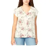 Buffalo Ladies' Flutter Sleeve Floral Top Split Neckline Tie Closure, Ivory L