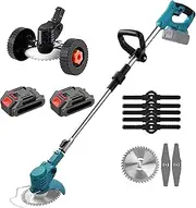 Grass Strimmer Cordless, Electric Strimmer, with Wheels, Foldable, Retractable Handle, with Two 3000Mah Batteries, 5*Plastic Blades, Alloy Saw Blades, Spare Blades, for Lawn, Garden, Outdoor
