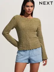 Khaki Green Long Sleeve Textured Top (H21623) | $64