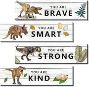 UBLURO 4 Pieces Dinosaur Motivational Wall Art Decors - Dinosaur Wooden Hanging Wall Prints Plaques， Dinosaur Room Decor for for Kids Boys Nursery Bedroom Decorations