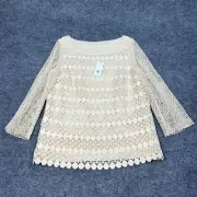 TORY BURCH Top Womens 14 Cream Pleated Crochet Breathable Long Sleeves Shina