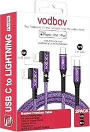 VODBOV 90 Degree iPhone Charger Fast Charging Cable 2Pack 10ft 6ft USB C to Lightning Right Angle Cord (2pack(6/10ft), Purple)