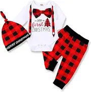 [Hubbmx] bilison Infant Baby Boy Christmas Outfit My First Christmas Gentleman Romper Red Plaid Pants with Hat Clothes Sets