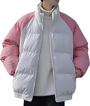 [JEShifangjiusu] Men's Colour Blocked Down Jacket Winter Waterproof Warm Stand Collar Jacket Ribbed Cuffs Hem Zip Puffer Coat