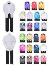 7pc Boy Toddler Formal Black Pants & Bowtie White Suit Pick Bow Tie & Vest S-8