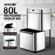 80L Dual Rubbish Bin Dustbin Sensor Recycling Trash Can Kitchen Waste Garbage Stainless Steel Silver
