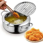 2024 New Stainless Steel Deep Fryer,Deep Fryer Pot,Japanese Small Deep Fryer for Kitchen Chips Chicken,Stainless Steel Frying Pot with Thermometer and Oil Drip Drainer Rack (7.8in)