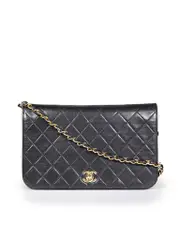 Black Leather Matelasse Chain Shoulder Bag