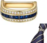 [runootPR] Gold Tie Clip for Men Blue Crystal Tie Ring Cubic Zirconia Tie Clasp Business Wedding Suit Jewelry Gift, gold