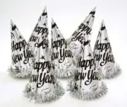 12 Silver 9" Foil Tinsel Fringe Metallic Party Hats New Years Eve (1 Dozen pk)