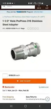 NEW Viega 80050 1-1/2" ProPress Male Stainless Steel fitting