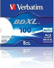 Verbatim BD-R XL 100GB Blu-ray Disc with 4X Write Speed, Pack of 5 Jewel Case, Large Printable Blu-ray Disks for Video and Audio Files