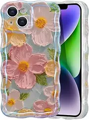 EYZUTAK Case for iPhone 15, Colorful Retro Oil Painting Printed Flower Laser Beam Glossy Pattern Cute Curly Waves Border Exquisite Phone Cover Stylish Durable TPU Protective Case for Girls Women-Green