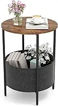 Giantex 2-Tier Round End Table, Sofa Side Table with Fabric Storage Basket & Metal Frame, Accent Coffee Table for Small Space, Bedside Nightstand for Living Room, Bedroom & Study (Rustic Brown)