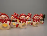 NEW Set (6) Christmas 4.5" Napkin Rings Ceramic Snowmen Candy Cane Peppermint