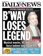 NEW YORK DAILY NEWS NEWSPAPER B'WAY LOSES LEGEND BIG BLUE TAKE TWO 11/27/21