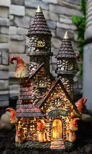 Fairy Garden LED Light Up Castle Stone House With Tall Tower Roofs Figurine