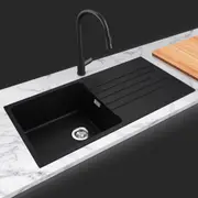 ACA Black Kitchen Sink 100x50CM Granite Quartz Stone Single Kitchen Laundry Sink Drainboard Overflow