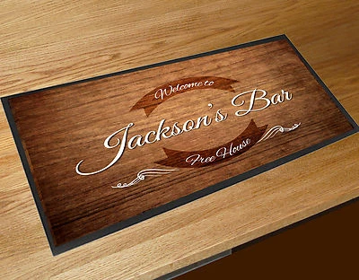 Personalised Bar Runner Mat - wood effect curved label bar runner mat