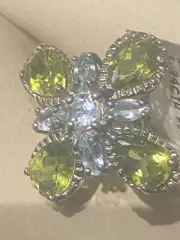 Designer Blue Topaz Peridot Flower Sterling Silver Ring Size 6