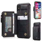 For Apple iPhone X / XS CaseMe Back Zipper Wallet Case W/ 3 Card Slots, RFID Blocking, 1 Money Pocket, Credit Card Holder Leather Cover (Black)