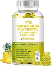 Magnesium Glycinate Gummies 800mg - Sugar Free Magnesium Supplement with Ashwagandha, Lemon Balm Extract & CoQ10 for Sleep, Stress & Muscle Relief & Nerve Health, No Melatonin, - 60 Gummies (Pineapple Flavor) (1)