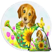 Kids Animal Dogs Art Cute Dachshund in Garden Round Beach Towel