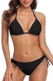 [CharmLeaks] Women Halter Bikini String 2 Piece Triangle Swimsuit Tie Side Swimwear, Solid Black, X-Large