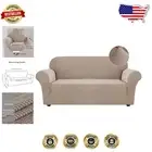 Elastic-Fit 1 Piece Sofa Slipcover - Durable Pet Protector in Checkered Khaki