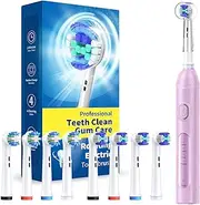 TEETHEORY Rotating Electric Toothbrush for Adults with 8 Brush Heads (2 Types), 4 Modes Deep Clean Electric Toothbrush with Rechargeable Power and 2 Min Smart Timer, Fast Charge Purple