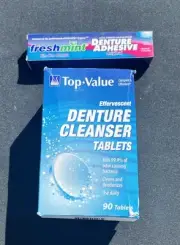 Top Value Effervescent Denture Cleanser 90 Tablet Box And Denture Adhesive Cream