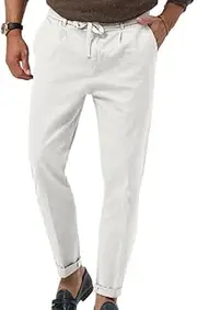[Generic] Mens Linen Pants Casual Summer Beach Cotton Pants Drawstring Stretchy Elastic Waist Jogger Yoga Loose Trousers