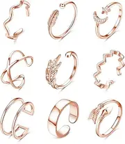 [Sanfenly] 9cs Rings Set for Women,Adjustable Open Rings Set,Finger Stackable Joint Tail Adjustable Knuckle Ring for Women Girls Silver Rosegold Gold Jewelry